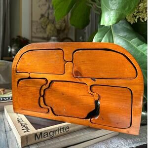 Vintage Wooden Jewelry Trinket Box Handmade Wave Artisan Wood unique puzzleREAD